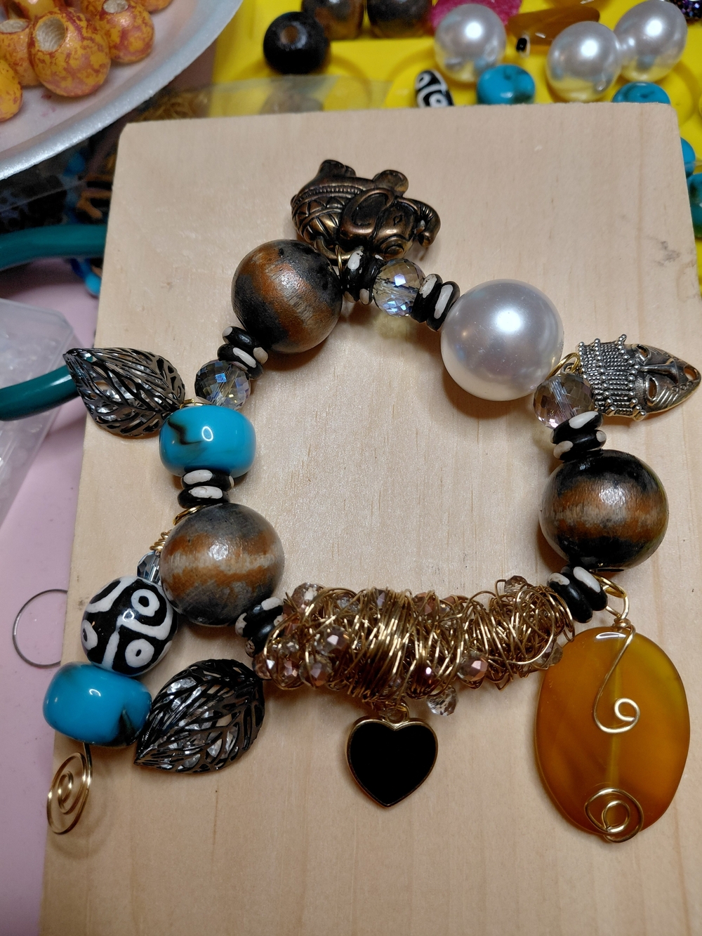 Handmade Multicolor Bead & Charm Stretch Bracelet - Turquoise, Gold, Black